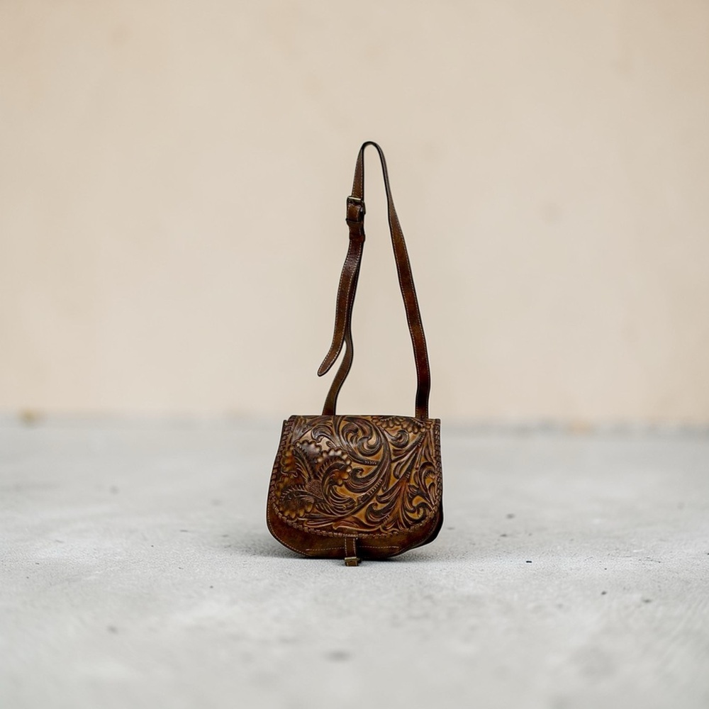 Patricia Nash Tooled Leather Linny Crossbody Saddle Bag Brown Floral